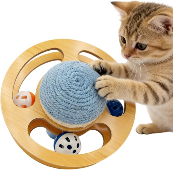 Sisal Cat Ball Track Toy for Indoor Cats Interactive Wooden Scratching Ball with Puzzle Top for Kitten Kitty Exercise Mental Physical