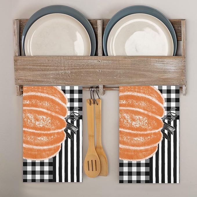 2 PCS Fall Hand Towels Soft Microfiber Orange Pumpkin Black and White Buffalo Plaid Stripes Kitchen Towel for Bathroom Yoga Gym Thanksgiving Day Decorative Towels 13.8"X29.1"