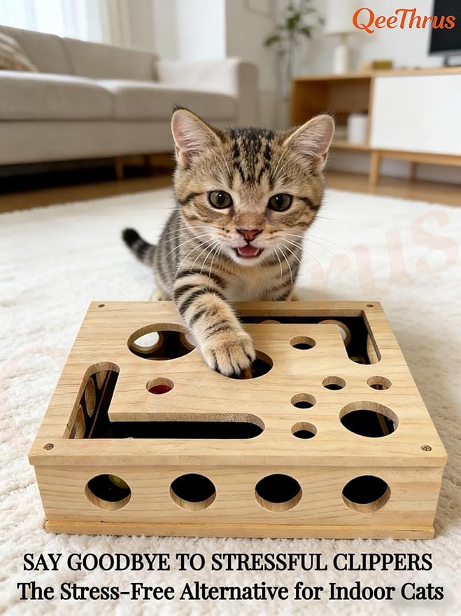 Cat Nail File Scratcher Puzzle Box, Wooden Claw Saver Maze with Built-in Sandpaper for Clipper-Free Claw Care, Treat Enrichment Toy for Indoor Cats