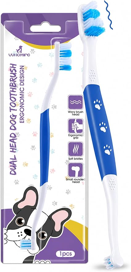Dog Toothbrush – Newly Upgraded Dual-Head Design with 60° Wavy Bristles – Gently Surrounds Teeth for Deep Cleaning and Plaque Removal – Non-Slip Handle, Ideal for Daily Pet Dental Care (Blue, 1-Pack)