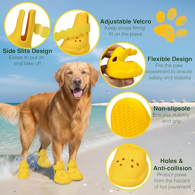 Dog Shoes for Hot Pavement and Snow - Waterproof, Non-Slip, Breathable Booties with Adjustable Straps for Small Medium, and Large Dogs (Yellow, XXL)