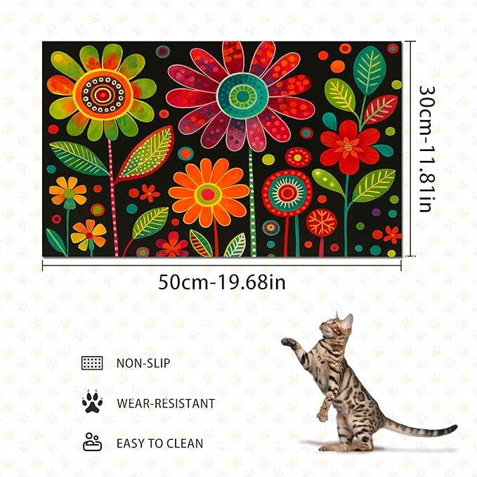HOMETITUTE Vibrant Flower Pattern Pet Food Mat Spill-Proof Cat Feeding Mats Non-Slip Mat for Dog Food and Water Bowls Trendy Easy Clean Fast Dry Cat Food Mats for Indoor Cats 20" x 12"
