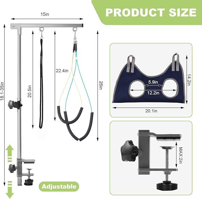 Home Dog Grooming Table Arm with Hammock 35" Height Adjustable Dog Grooming Arm with Clamp No-Sit Haunch Holders Loop Noose Stainless Steel(Grooming Table Not Included)
