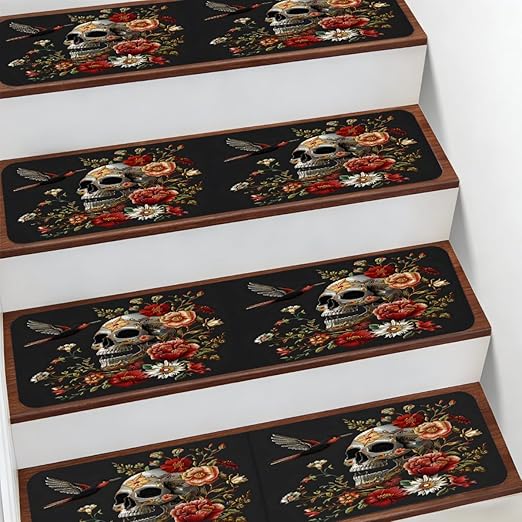 Abstract Skull Colorful Flower Stair Treads for Wooden Steps Indoor Washable Staircase Carpet 10PCS 30"x7.8" Stair Step Treads Non-Slip Staircase Covers Peel and Stick Safety Mat for Kids Elders Pets