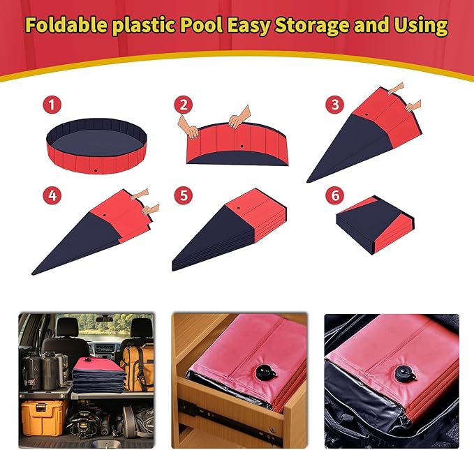 CACSPS Foldable Dog Pool, 47" x 12" Kiddie Pool with Hard Plastic, Non-Slip Dog Bath Tub for Outdoor Backyard, Collapsible Dog Swimming Pool for Kids Dogs Pets (Red)