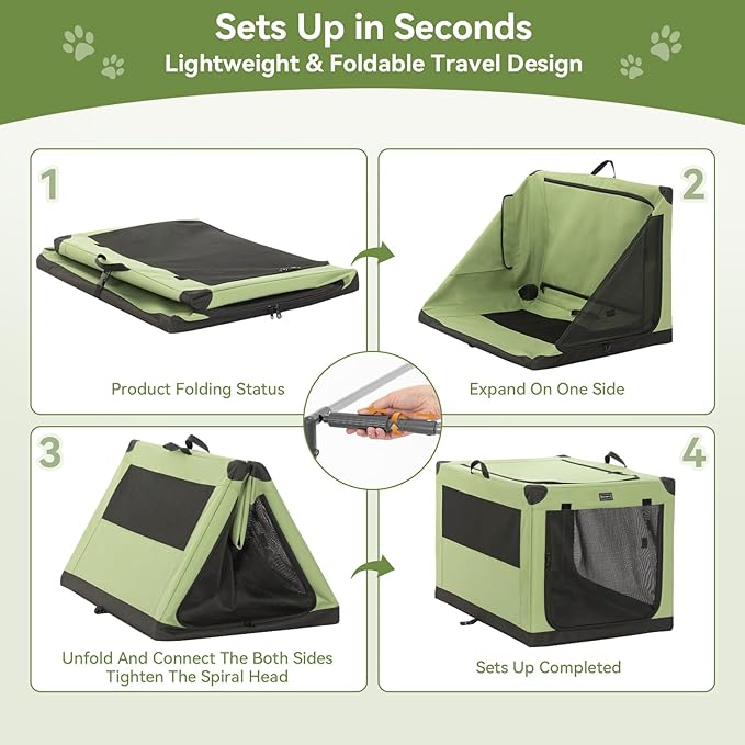PETSFIT 26" Soft Portable Dog Crate – Patented Spiral Sturdy Frame, Collapsible Travel Kennel for Small Dogs, 3 Mesh Door, Lockable Zippers, Indoor & Car Use Green