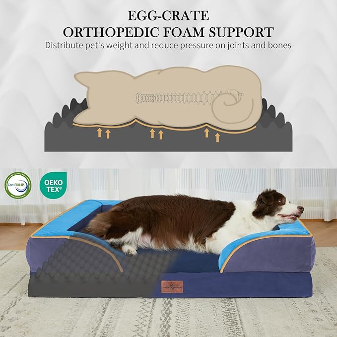 Comfort Expression Orthopedic Dog Bed for Large Dogs 36x27 Inch, Waterproof Egg Crate Foam Large Pet Bed with Bolsters, Dog Couch with Washable Cover & Non-Slip Bottom, Hidden Bay