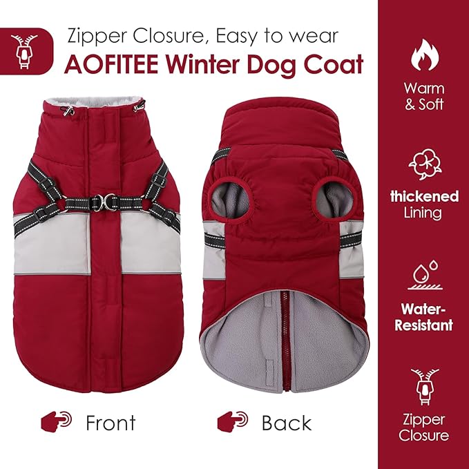 AOFITEE Dog Coat, Dog Christmas Sweater, Waterproof Dog Jacket Winter, Dogs Coat with Harness Built in, Warm Dogs Puffer Jacket, Reflective Pet Snowsuit for Dachshund, French Bulldog, Boston Terrier