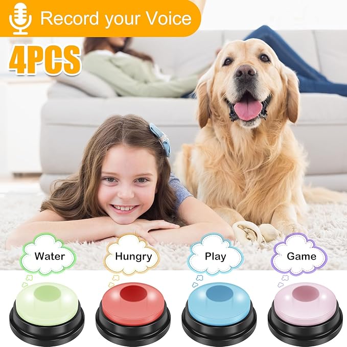 4Pcs Dog Button with Light 4 Color Dog Talking Button Recordable Pet Training Buzzer Portable Communication Buttons Battery Powered Pet Training Fun Voice Recording Buttons for Dogs Speech