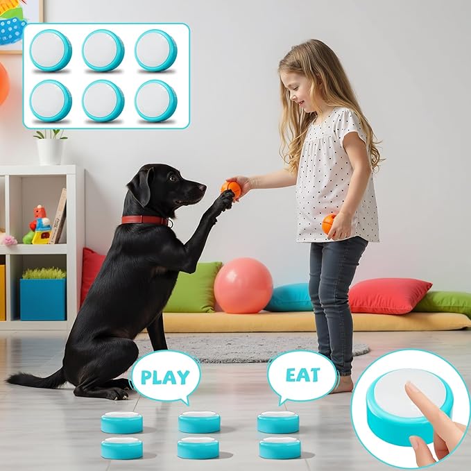Voice Recording Button, Talking Buttons for Pet Communication, 24 Seconds Record & Playback, Set of 6 Recordable Buttons with Non-Slip Mat for Dog, Cat, Pet Training, Funny Gift for Home、Party, Blue