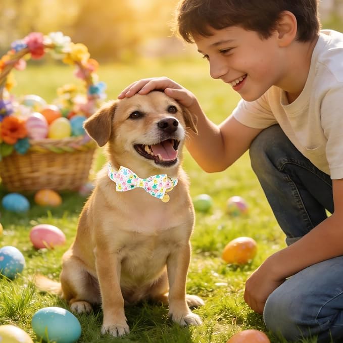Easter Dog Collar with Bow Tie, Cotton Bunny Bowtie for Large Girl Boy Dog, Cute Rabbit Pet Collar with Metal Buckle, Gift, L