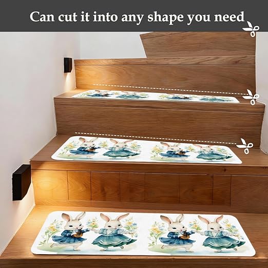Animal Cute Rabbit Watercolor Stair Treads for Wooden Steps Indoor Washable Staircase Carpet 10PCS 30"x7.8" Stair Step Treads Non-Slip Staircase Covers Peel and Stick Safety Mat for Kids Elders Pets