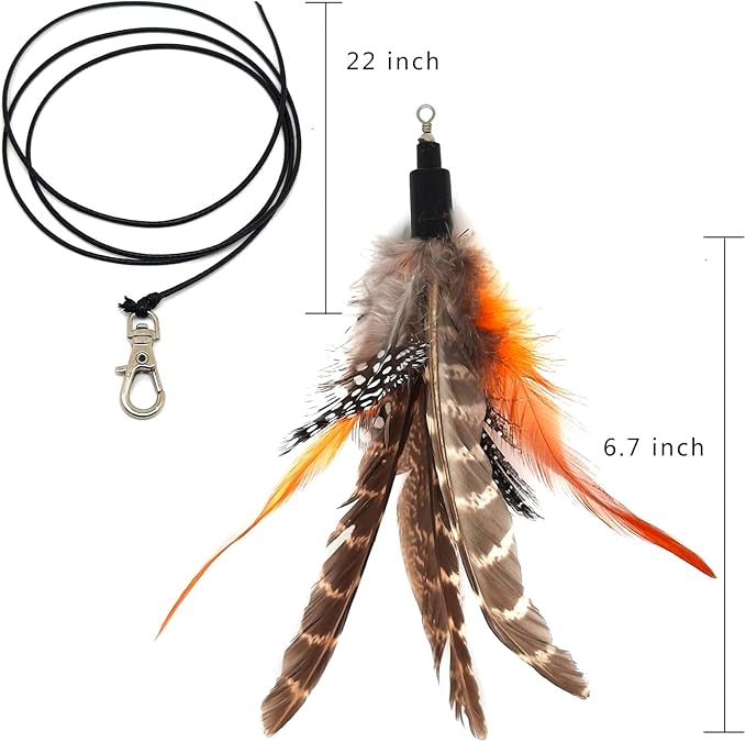 7 PCS Cat Wand Toy Refills - 6 Pack Natural Feather Attachments & 1 Replacement Elastic String with Lobster Clasp, Interactive Teaser Toy Refills for Indoor Cats and Kittens(6 Feather Refills)