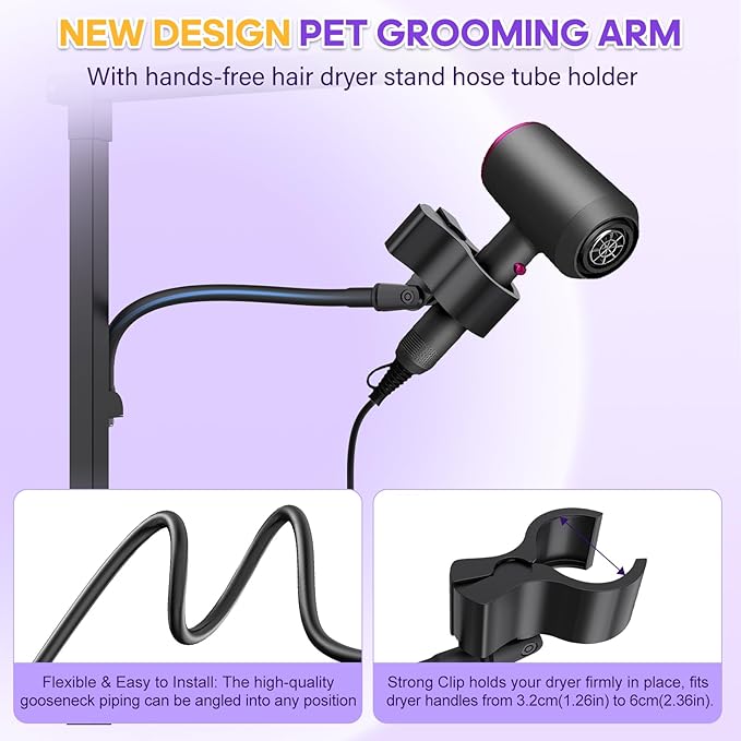 Dog Grooming Arm with Metal Clamp, Dog Grooming Table Arm & Hair Dryer Stand Hands Free Blower Hose Holder 2 in 1, Adjustable Grooming Arms for Tables with Loops for Groomers for Small Medium Pets