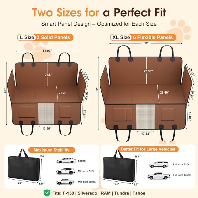 XL Hard Bottom Dog Car Seat Cover for Back Seat, 58"x69" Waterproof PU Leather Hammock with Side Flaps, Non-Slip Protector for Full-Size Trucks & SUVs, Supports Up to 450 lbs – Brown