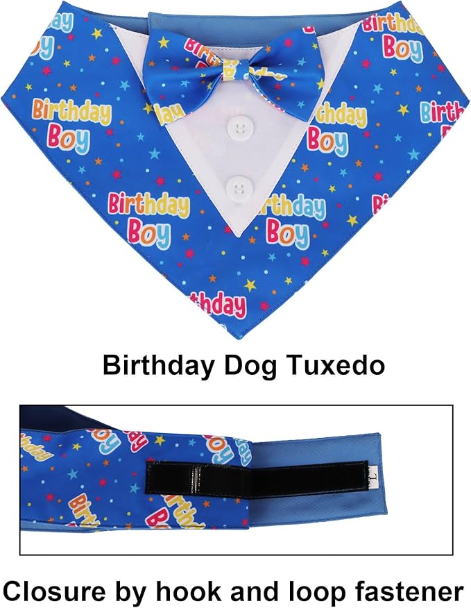 ADOGGYGO Birthday Boy Dog Tuxedo Bandana, Blue Collar with Bow Tie, Adjustable Formal Birthday Costume for Extra Large Dogs (XL)