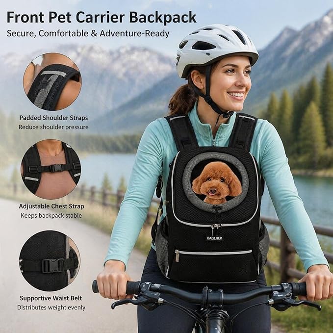BAGLHER Dog Carrier Backpack for Small Dogs - Front Breathable Pet Backpack with Safety Buckle, Adjustable Hands-Free Design for Hiking, Cycling, Camping & Outdoor Use - Black, Size M (5-9 lbs)