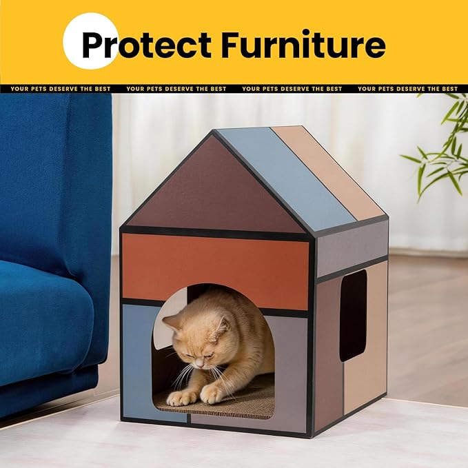 Cardboard Cat House with Scratch Pad & Catnip, Cat Play Scratching House for Indoor Hideaway Furniture, Heavy Duty Sturdy Cardboard Scratcher, Easy to Assemble Birthday Gift, Large