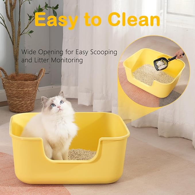 Large Cat Litter Box with High Sides,Cat Boxes for Indoor Cats,Cat Litter Pan for Kitty,Litter Box with Low Entry,Easy to Clean,Anti-Splashing (Grey-Long Side Entry)