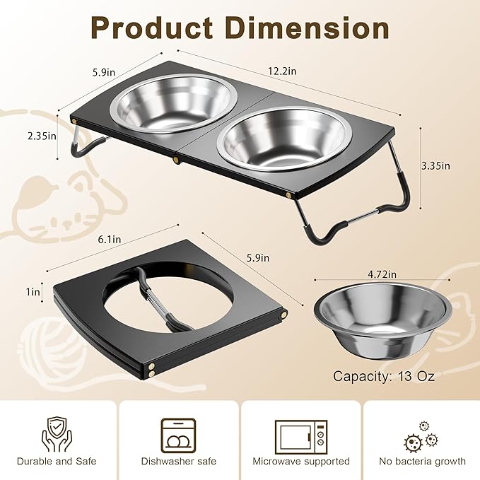 Elevated Cat Bowls with Foldable Stand, Height Adjustable Metal Raised Dog Cat Feeder with 2 Stainless Steel Bowls, Non-Slip Tilted Food Water Bowls for Cats and Small Dogs