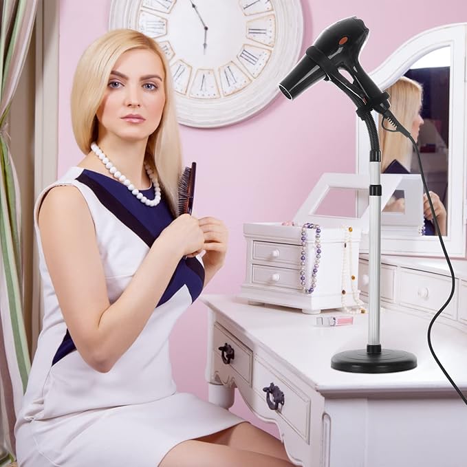 Erytlly Hair Dryer Stand Hands Free 360-Degree Rotating Adjustable Height Metal Hair Dryer Stand Blow Dryer Holder About for 0.5kg Hair Dryer in Bathroom, Vanity, Makeup Room