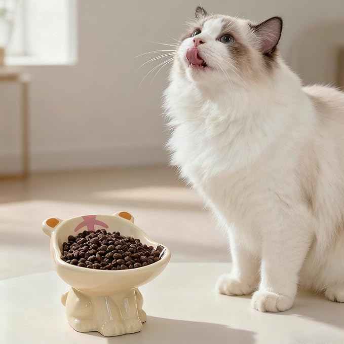 Tiger Style Raised Cat Dish - Ceramic Elevated Pet Bowl with 15° Angle, 120g Capacity for Food/Water,for Pets cat or Dogs