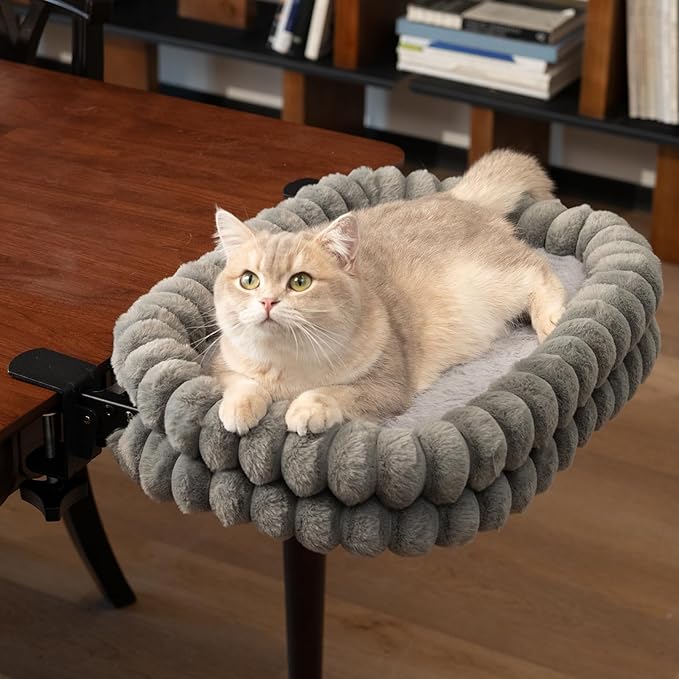 CHEERPALS Cat Desk Bed with Reversible Cushion, 90°Foldable Cat Hammock for Desk Mounted Removable & Washable, Suitable for Medium-to-Large Cats and Puppy, Cloud Series(Grey, Medium)