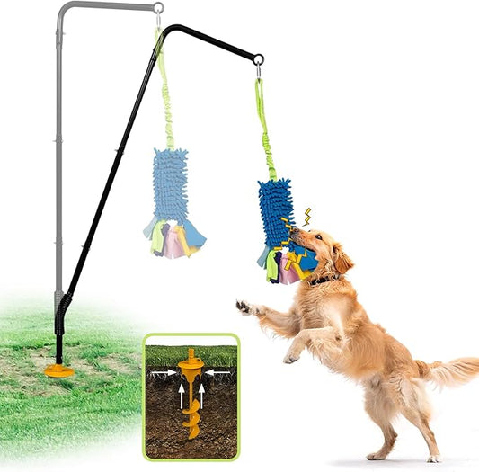 Heavy Duty Dog Spring Pole with Screw-In Ground Anchor & 360° Swivel, Adjustable Height 30-49", Durable Outdoor Tug Toy System with Bungee Squeak Rope for Large & High Energy Dogs Training