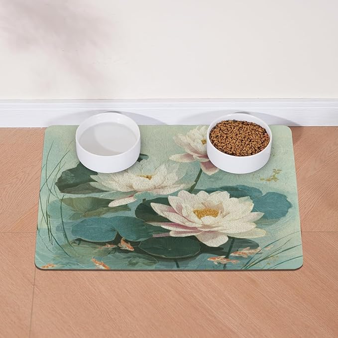 Green Lotus Pond Art Dog Food Mat-Absorbent Pet Dog Mat for Food and Water, No Stains Quick Dry Cat Food Bowl Mat,16" x 12" Pet Placemat for Dogs, Cats