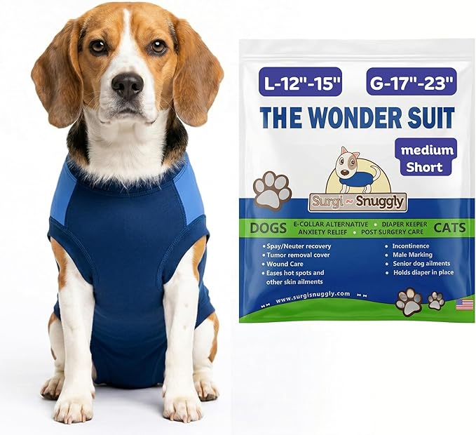 Surgi Snuggly Dog Surgery Recovery Suit - Dog Onesie for Post Surgery Recovery, Female Spay & Male Neuter - Surgical Suit for Dogs, E-Collar Cone Alternative, Double Blue - Medium Short - 12"-15" (EC)