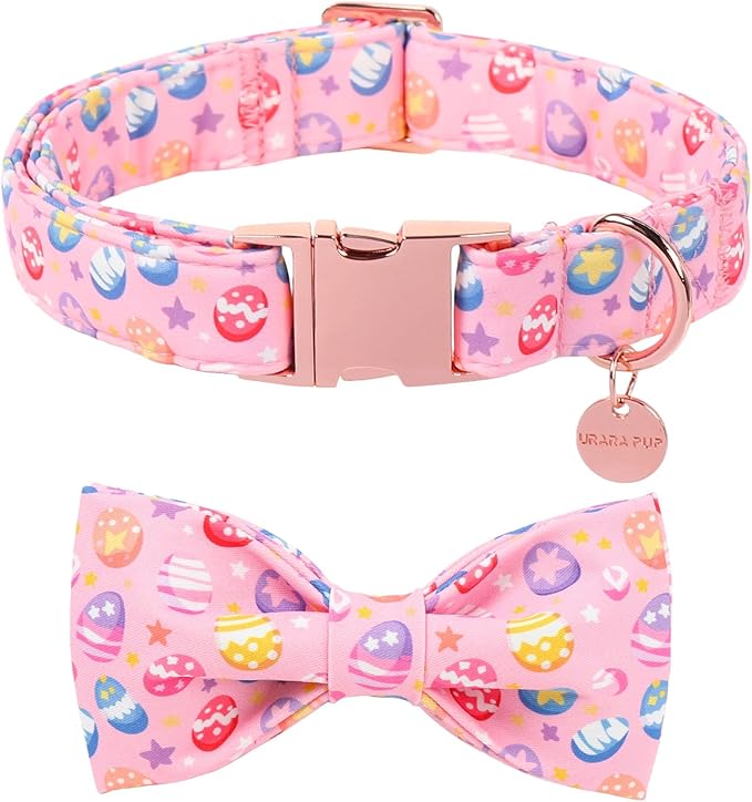 Easter Day Dog Collar with Bow, UP URARA PUP Easter Eggs Adjustable Pet Collar Bowtie with Metal Buckle, Colorful Eggs Cotton Dog Collars for Small Medium Large Dogs, XL