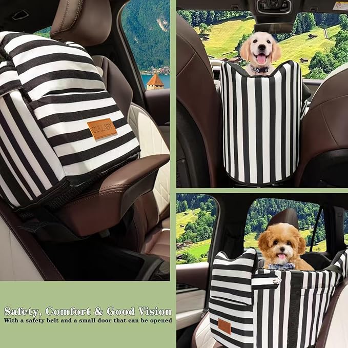 Dog Car Seat for Small Dogs Under 15 lbs – Center Console Pet Carrier with Safety Belt, Storage Pockets, Removable Washable Cover – B&W Stripes, Secure & Comfortable for Small Puppies/Cats