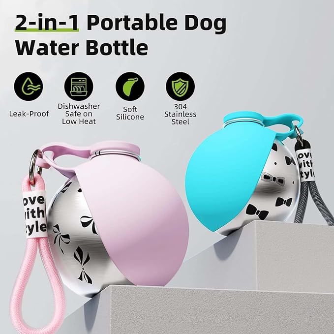2 in 1 Portable Dog Water Bottle, 2026 New 10oz Spherical Stainless Steel Pet Bottle with Silicone Foldable Bowl, No-Spill Leak-Proof Design, Dog Water Bottle for Walking, Hiking, Travel (Blue)
