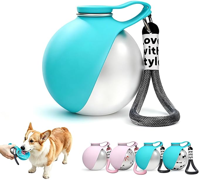 Portable Dog Water Bottle, 10 fl oz Stainless Steel Bottle & Silicone Bowl, Leak-Proof & Compact Puppy Travel Water Bottle with Lanyard, Water Dispenser for Walking Hiking Traveling, Unprinted, Blue