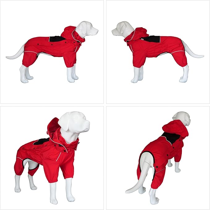LOVELONGLONG Waterproof Dog Raincoat with Removable Hood – Outdoor Full Body Dog Jacket, Windproof Snowproof Shell Suit – All Season Pet Rain Gear Red XL