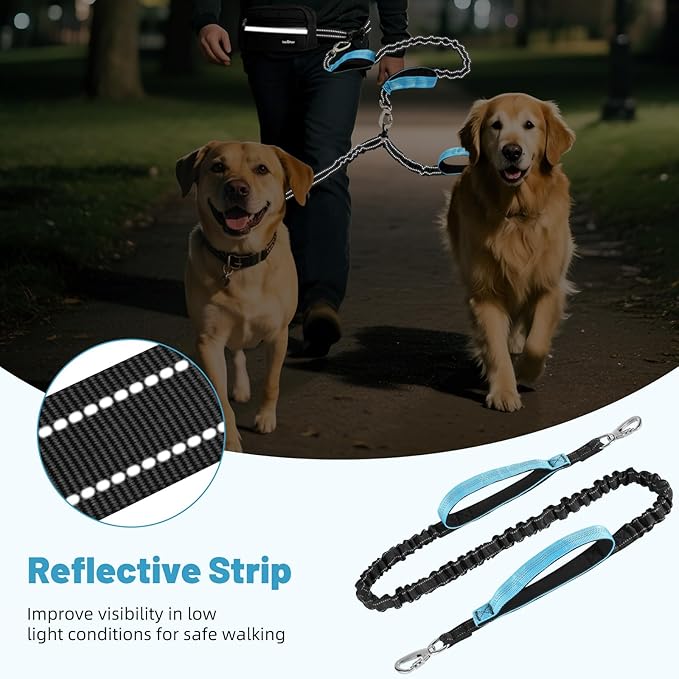 VavoPaw Hands Free Dog Leash for 2 Dogs with Pouch, Waist Leash for Dog Walking, Jogging, Hiking, Retractable Leashes with Dual Padded Handles, Adjustable Reflective Belt for Small, Medium, Large Dogs
