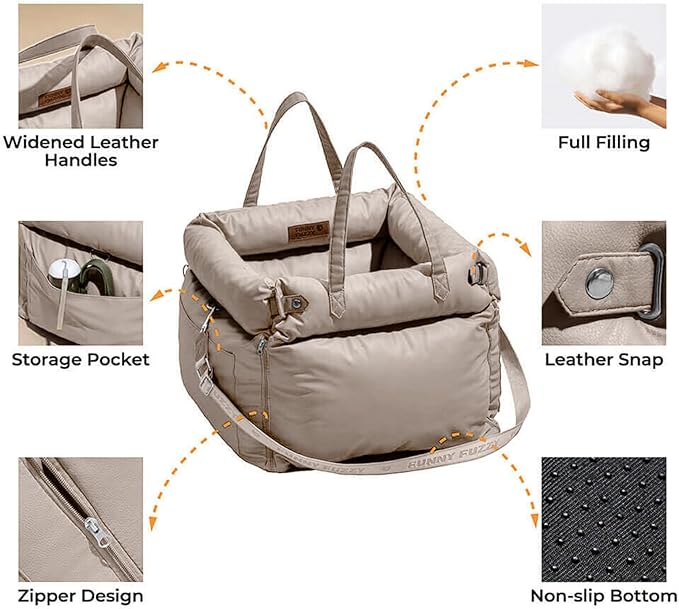 FUNNYFUZZY Luxury Dog Car Seat for Small Medium Dogs Under 35 lbs, Waterproof Leather Pet Booster Seat with Safety Leash & Anti-Slip Base, Fully Padded Dog Car Bed, Portable Puppy Carrier(Khaki)