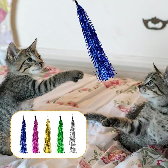 Andiker 7Pcs Cat Wand Toy, Cat Toy Set with 1 Long Steel Wand, 1 Double Headed Hook & 5 Crinkle Teaser Refills Stimulate Hunting Instincts Interactive Cat Toys for Indoor Cats and Kittens (Thin)