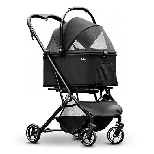 4 Wheels Pet Stroller, Dog Stroller for Small/Medium Dogs and Cats up to 33 lbs, One-Click Fold & Draggable, Removable Carrier, Zipperless Entry, Mesh Windows, Black