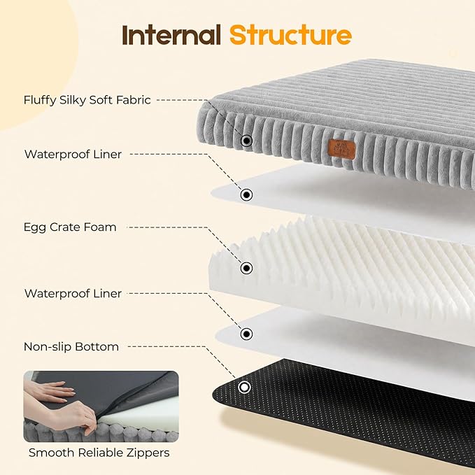 Orthopedic Dog Bed for Extra Large Dog, Waterproof Pet Bed,Non-Slip Bottom and Egg-Crate Foam with Removable Washable Cover Crate Bed,Grey,42"x30"x4"