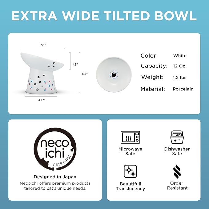 Necoichi Elevated Cat Food Bowl, Ceramic (Porcelain),15° Tilted, Whisker-Friendly, Dishwasher, Microwave Safe, Non-Slip, Anti-Vomiting, Neck Fatigue (Colorful Dots, Extra Wide Tilted, 1.5Cup Cap.)