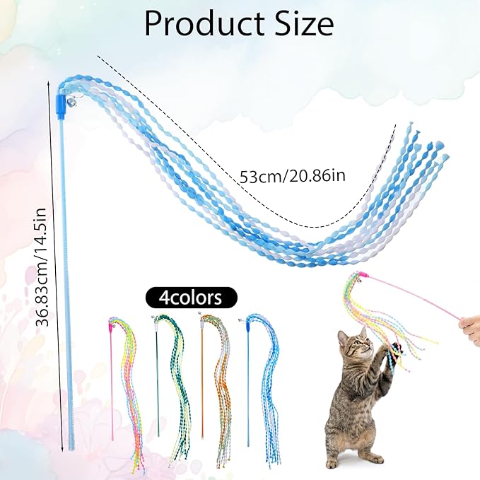 4 PCS Cat Stick Toy, String Cat Toy Multicolor Cats Interactive Wands Toys with Bells for Indoor Outdoor Cats Kitten Playing Have Fun Exercise