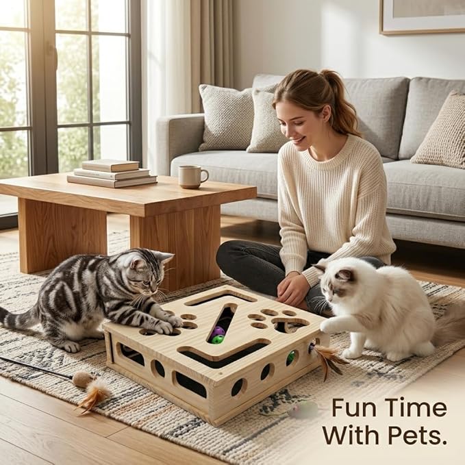 Cat Scratch Puzzle Enrichment Box, Large Solid Wood Cat Nail File Box with Sandpaper and 3 Bell Balls, Stress Free Alternative to Clippers & Grinders, Interactive Cat Toy for Indoor Cats Claw Care (A)