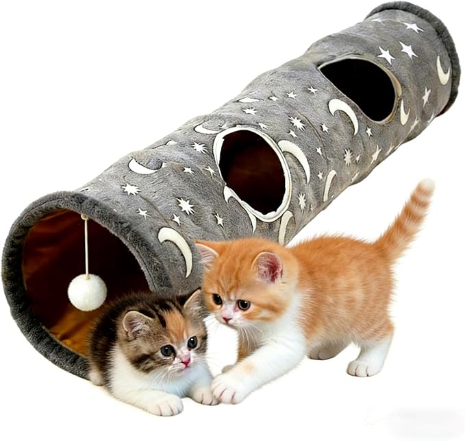 Glow-in-the-Dark Cat Tunnel for Indoor Cats Large Foldable Cat Play Tunnel with Hanging Ball 2 Peepholes Interactive Cat Toy for Kittens Pet Tunnel for Small Dogs Cat Tube for Indoor Cats