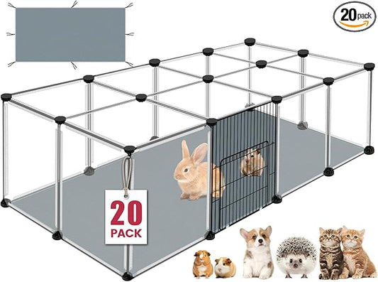 20 Panels Small Animals Playpen, 48" x 24" x 16" Transparent Pet Playpen with Waterproof Mat,Portable Plastic Enclosure Cage for Chicken/Guinea Pigs/Bunny/Ferrets/Hamsters/Hedgehogs Indoors Outdoor