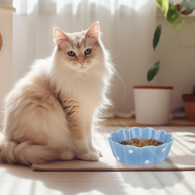 Ceramic Cat Bowl, Scalloped Edge with White Polka Dots – Pet Feeding Dish with Anti-Slip Base for Cats and Small Dogs, Blue