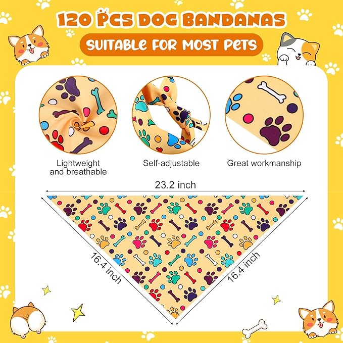 Sanwuta 120 Pcs Paw Bandanas for Dogs Bulk Dog Bone and Paw Pattern Triangle Bandanas for Groomers Washable Pet Scarves Adjustable Bibs for Small and Medium Pets, 30 Styles