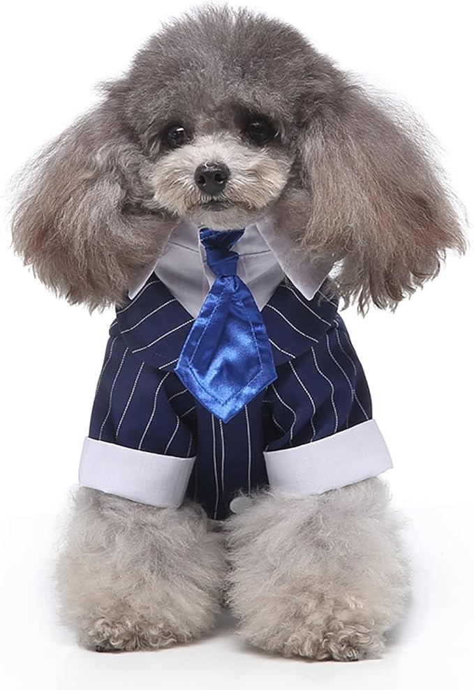 QBLEEV Dog Tuxedo Suit with Bow Tie, Formal Black & White Striped Dog Costume Outfit, Doggy Tux Prince Dress for Wedding Party Birthday Holiday, Elegant Dogs Attire for Chihuahua Yorkie Shih Tzu