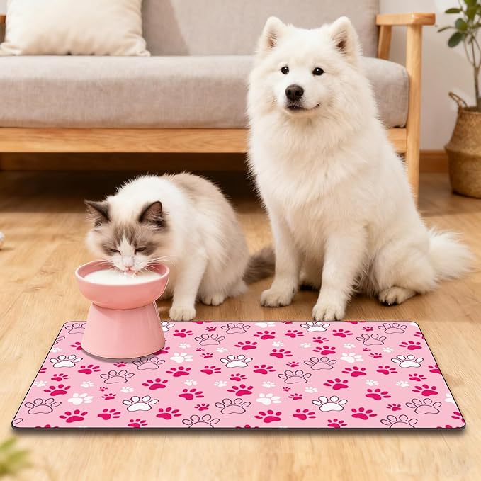 Dog Feeding Placemat Pink Cat Food Mat Small Cute Paw Print Pattern Rectangle Diatomaceous Earth Absorbent Quick Dry Pet Feeding Rugs Protect Floors for Food and Water Supplies 20 x 12 Inch