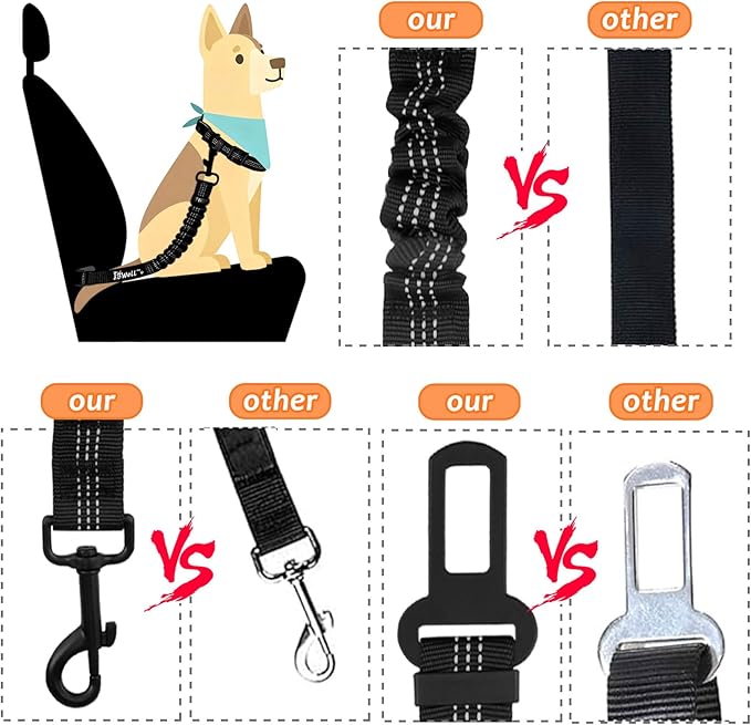 IBWell Dog Seat Belt,3 Piece Set Retractable Dog Car Harness Adjustable Dog Seat Belt for Vehicle Nylon Pet Safety Seat Belts Heavy Duty & Elastic (Black)